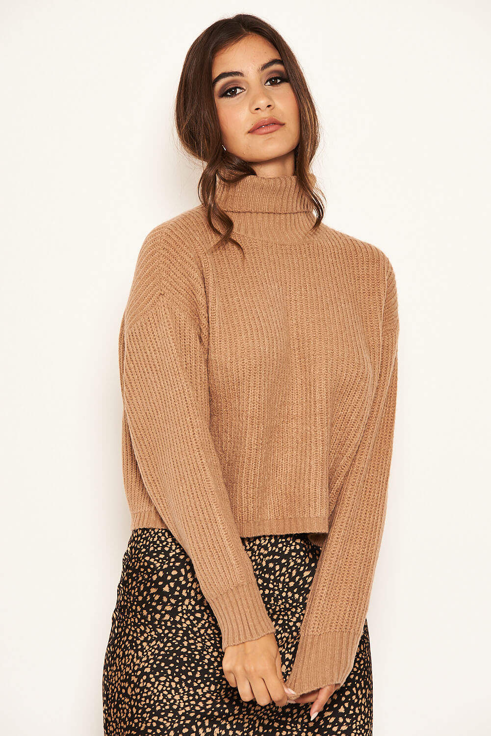 Camel Roll Neck Cropped Knit Jumper - Image 2