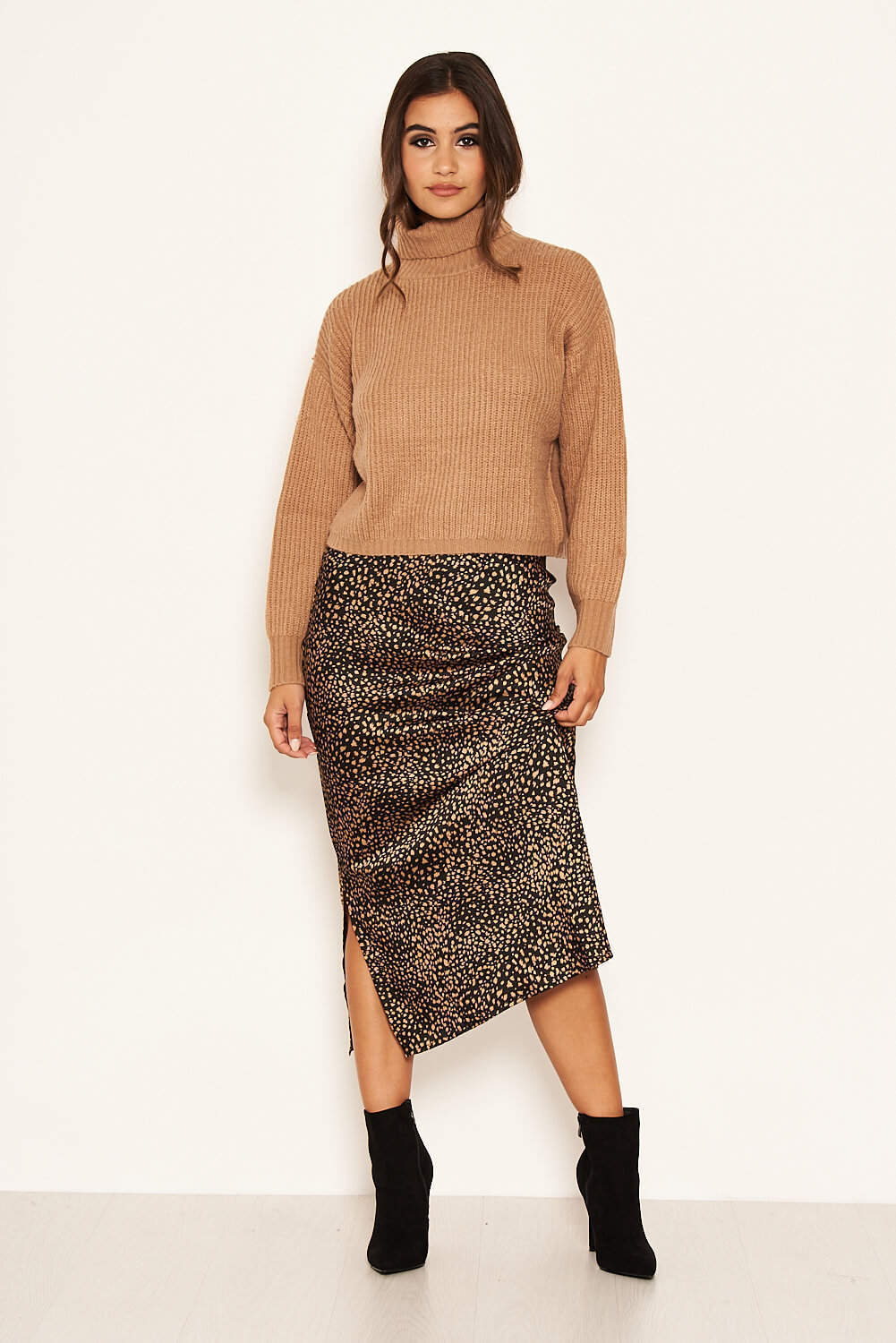 Camel Roll Neck Cropped Knit Jumper - Image 4
