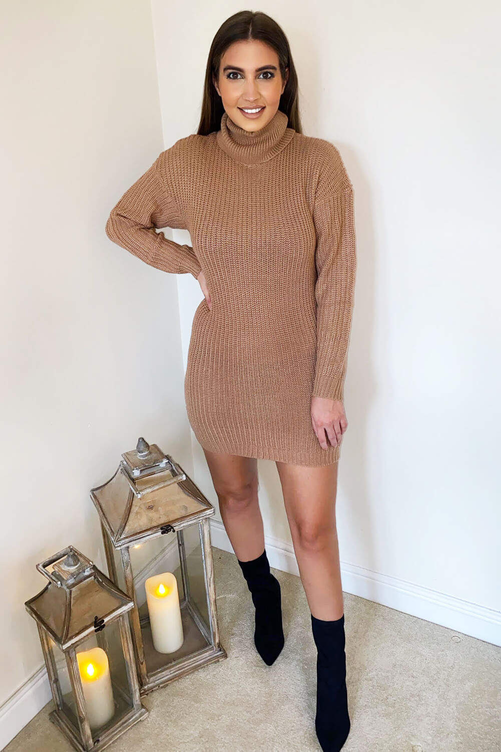 Camel Roll Neck Knit Jumper Dress - Image 2