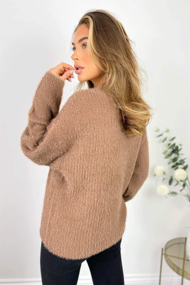 Camel V-Neck Fluffy Knitted Jumper - Image 5