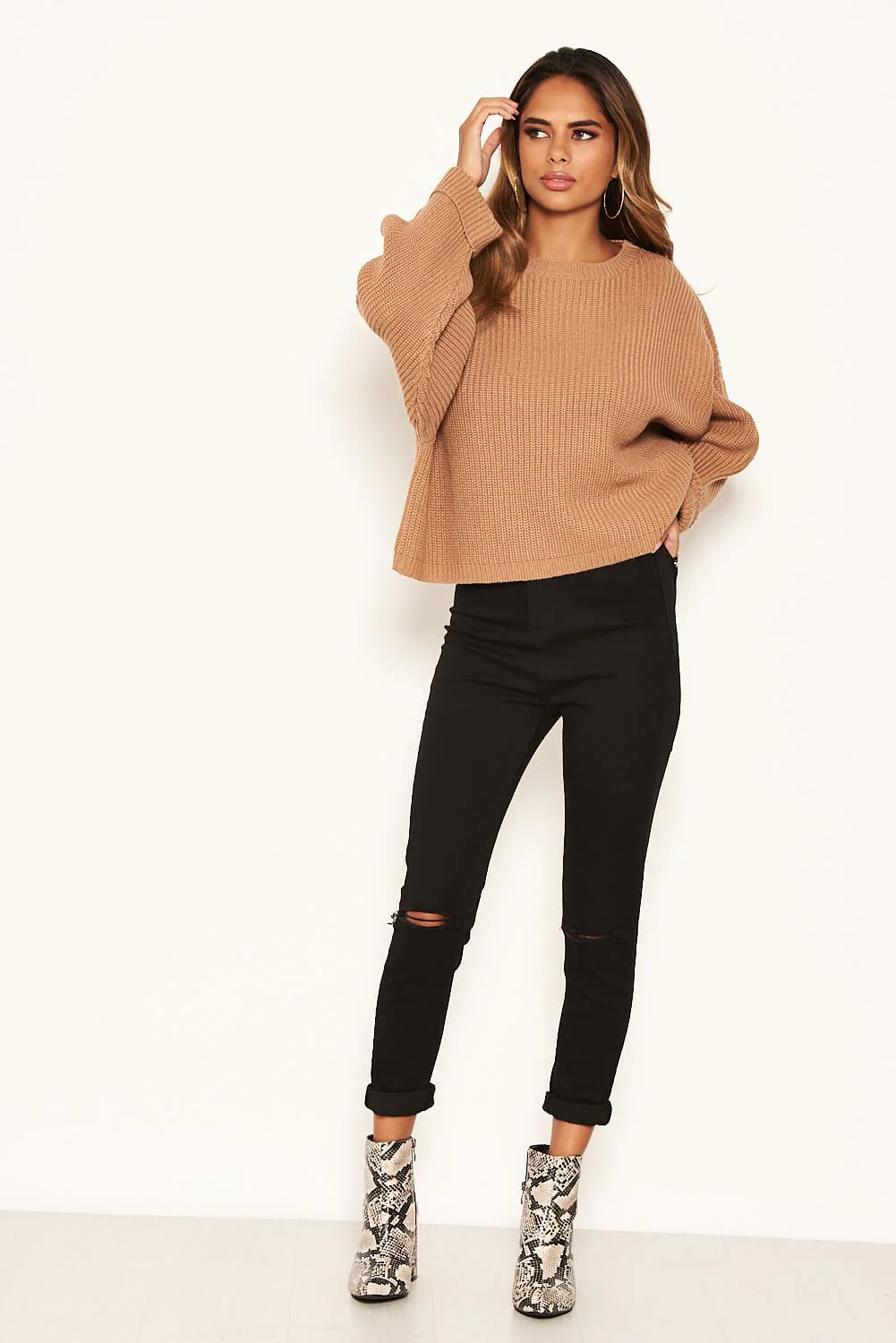 Camel Wide Sleeve Cropped Knit Jumper - Image 2