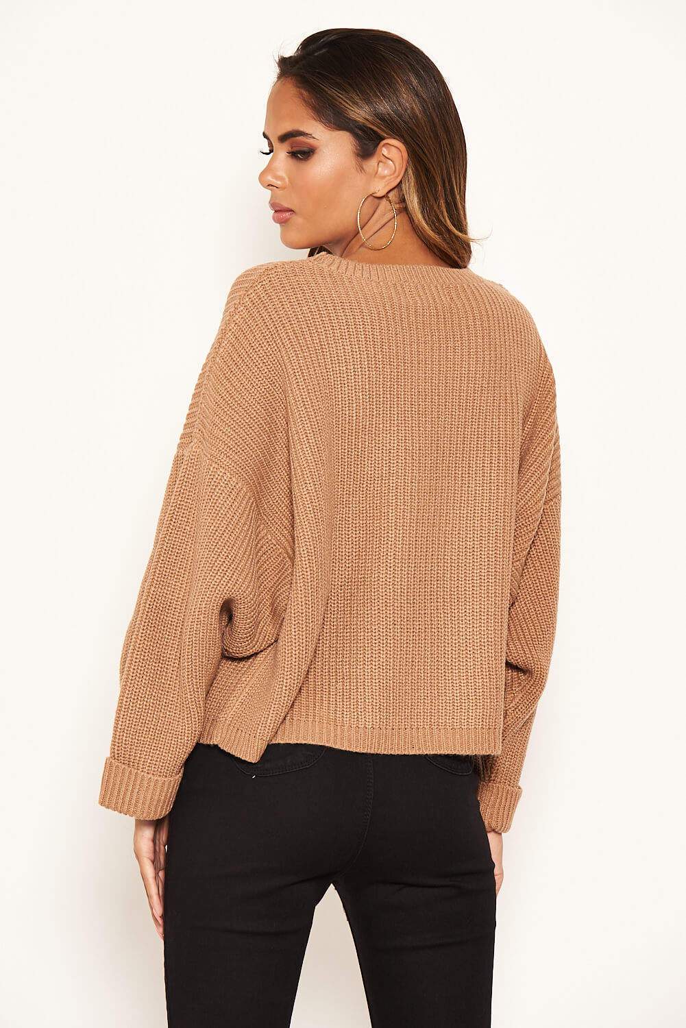 Camel Wide Sleeve Cropped Knit Jumper - Image 3