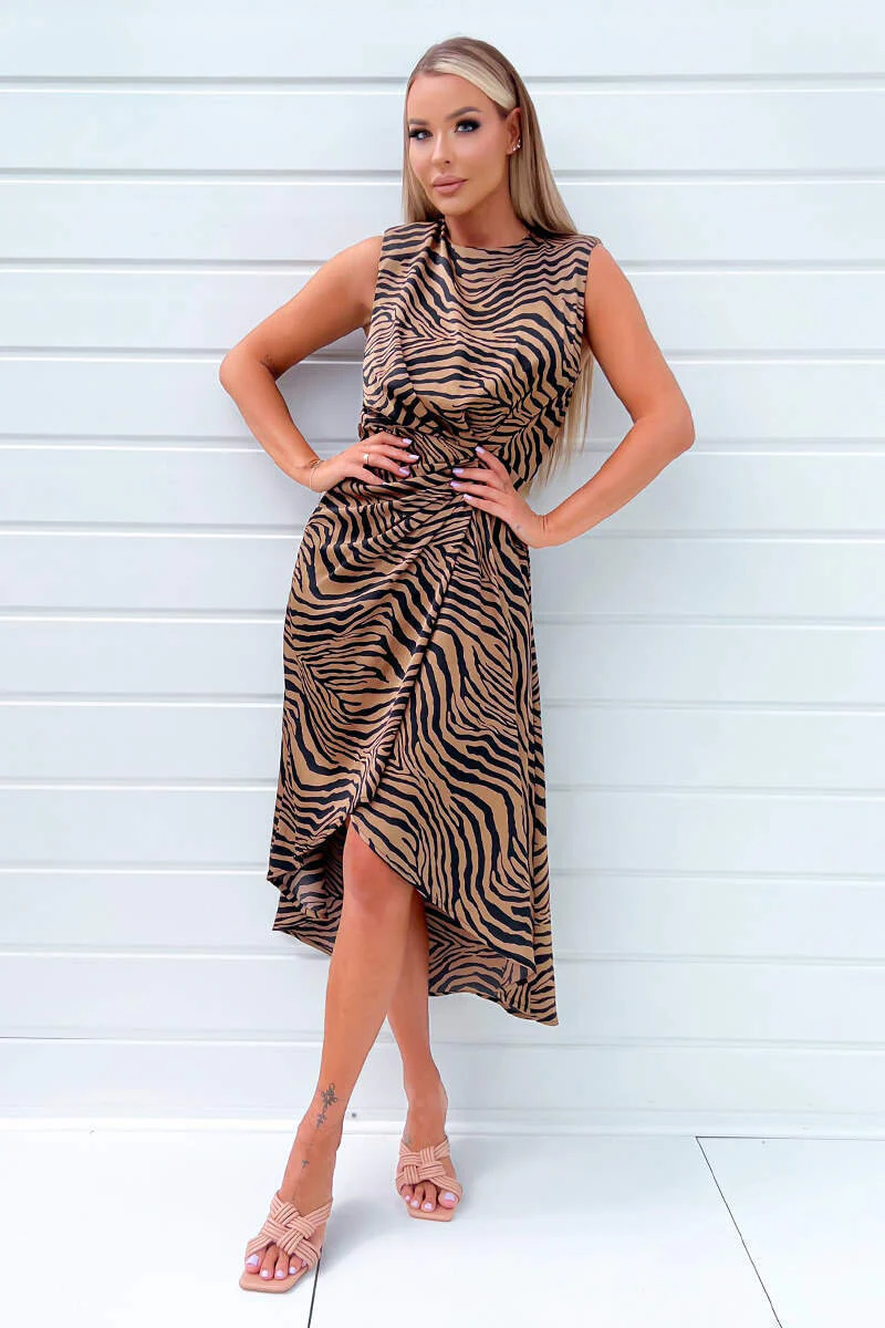 Camel Zebra Print Shoulder Padded Midi Dress - Image 2