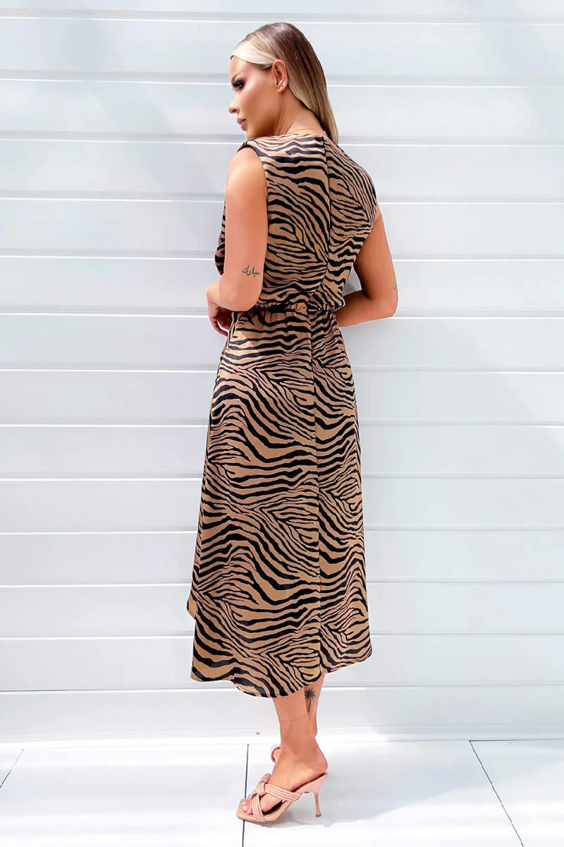 Camel Zebra Print Shoulder Padded Midi Dress - Image 3