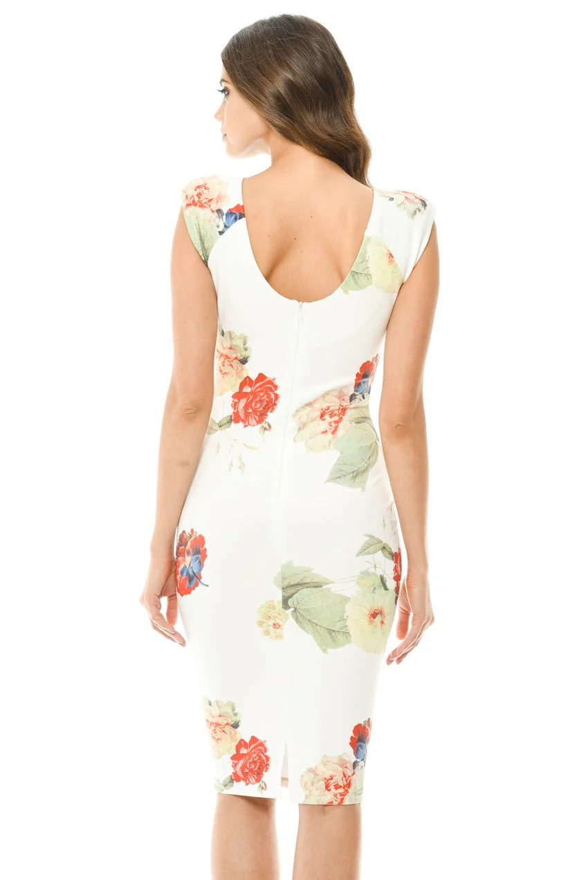 Capped Sleeve Cream Floral Midi Dress - Image 3