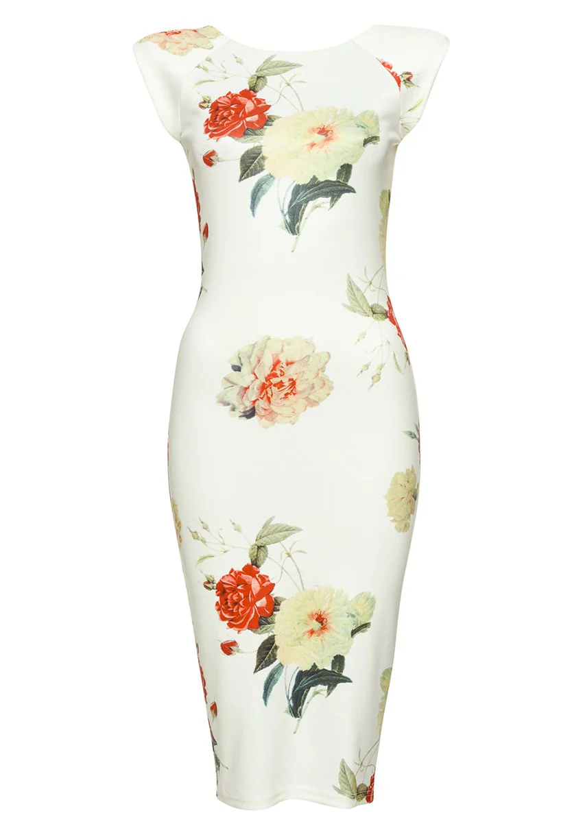 Capped Sleeve Cream Floral Midi Dress - Image 4