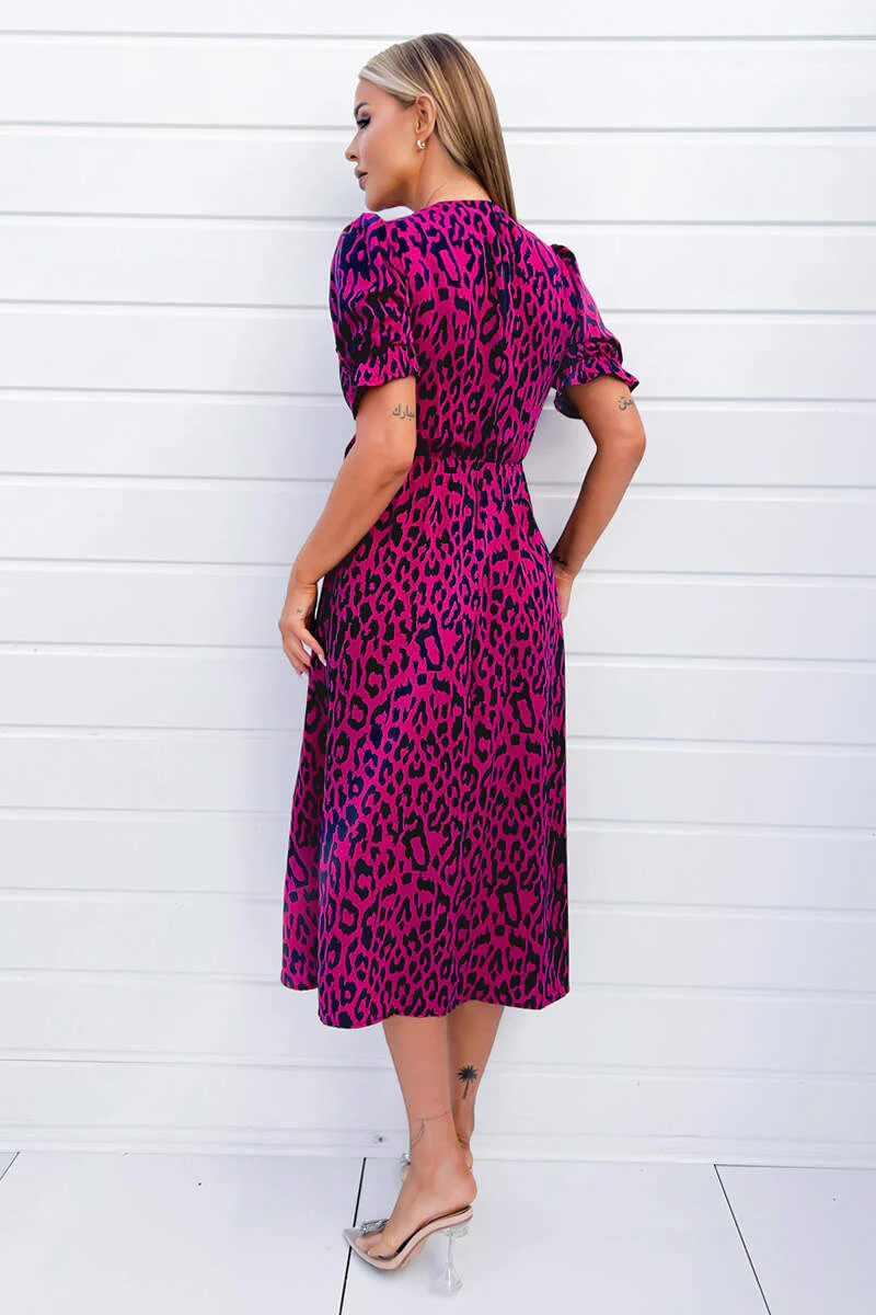 Cerise And Navy Animal Print Wrap Midi Dress - Image 3