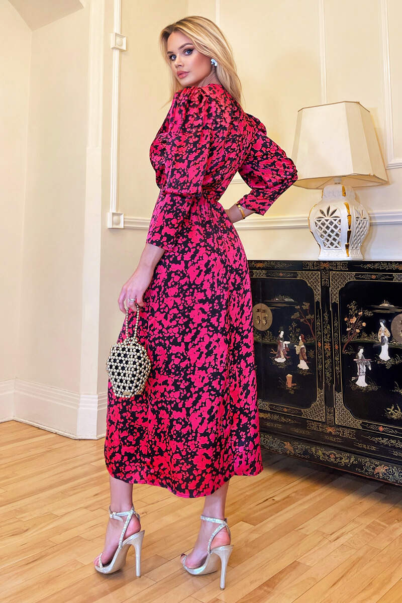 Cerise Printed Wrap Top Split Skirt Midi Dress - Image 4
