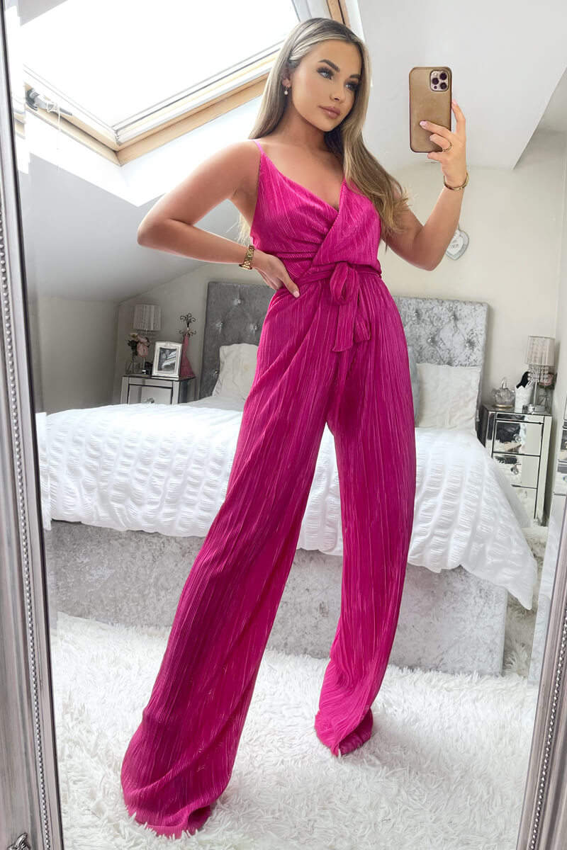 Cerise Wrap Top Tie Waist Full Length Plisse Jumpsuit - Image 2