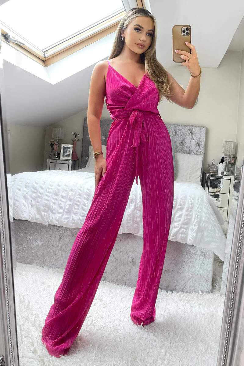 Cerise Wrap Top Tie Waist Full Length Plisse Jumpsuit - Image 3