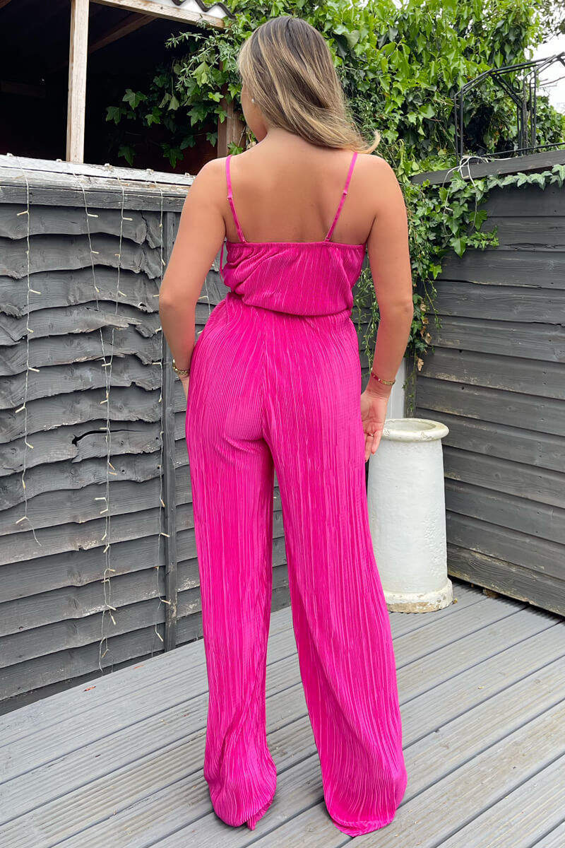 Cerise Wrap Top Tie Waist Full Length Plisse Jumpsuit - Image 4