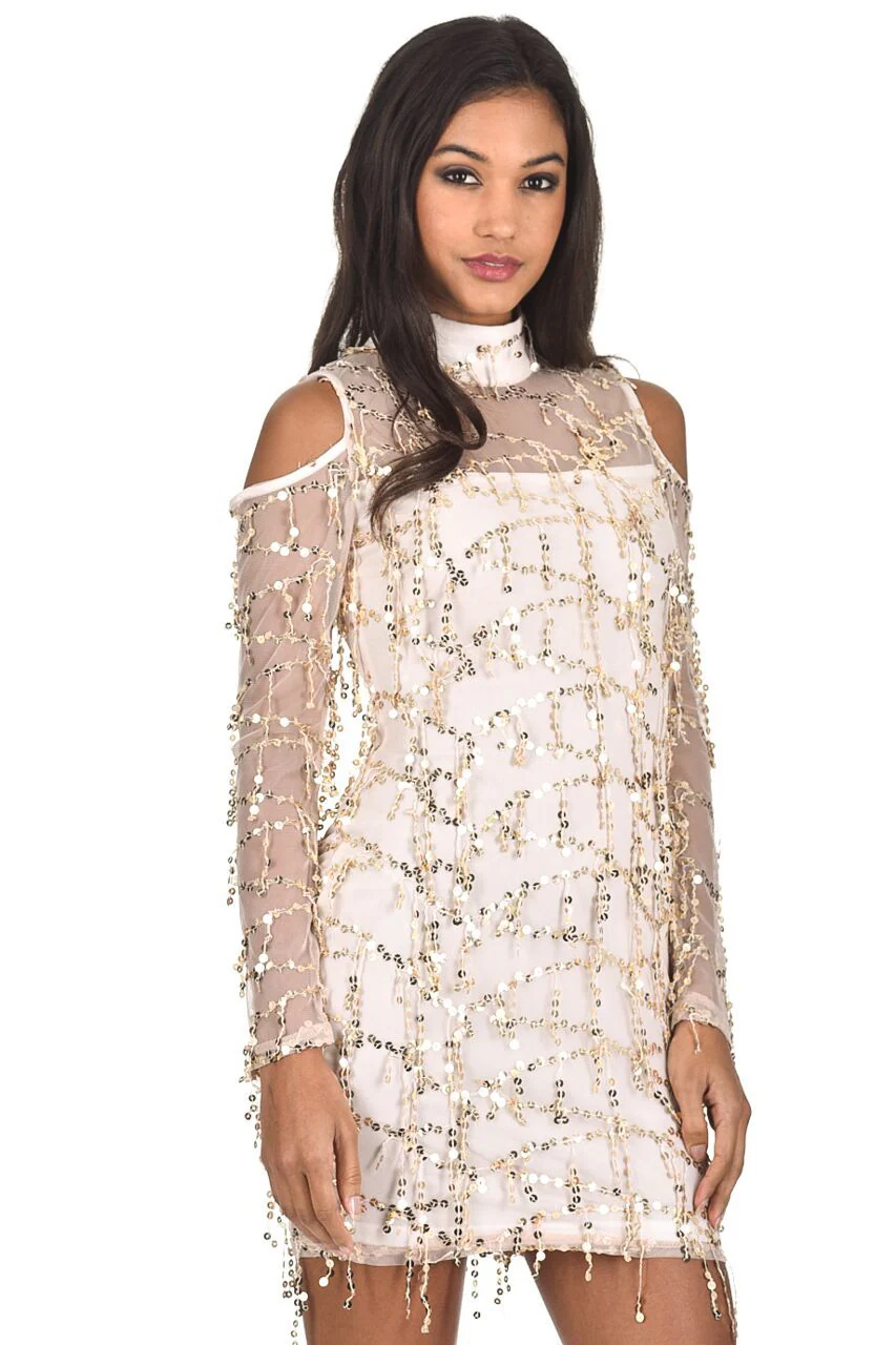 Champagne Long Sleeve Sequin Cut Out Dress - Image 2
