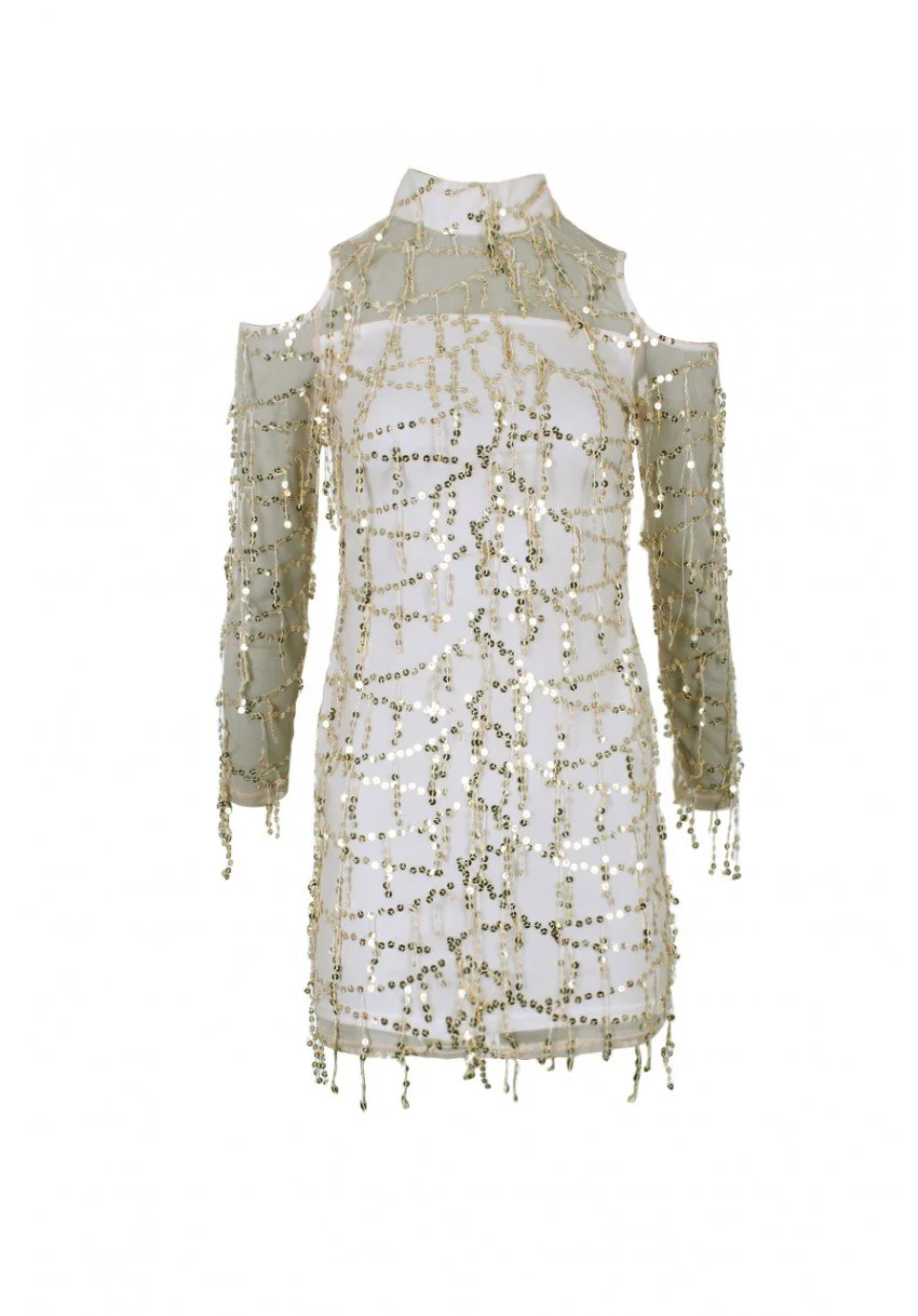 Champagne Long Sleeve Sequin Cut Out Dress - Image 5