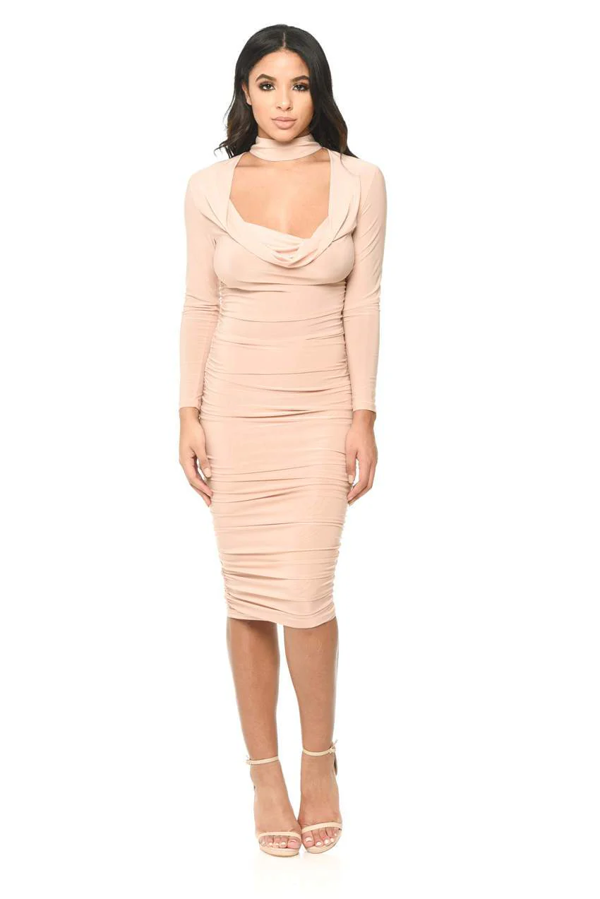 Champagne Long Sleeved Ruched Detail Dress - Image 2