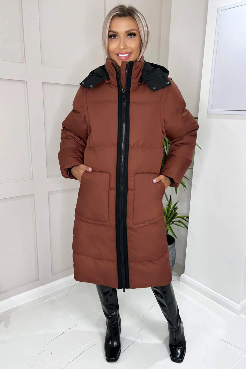 Chocolate 2 in 1 Puffer Coat With Detachable Sleeves - Image 3