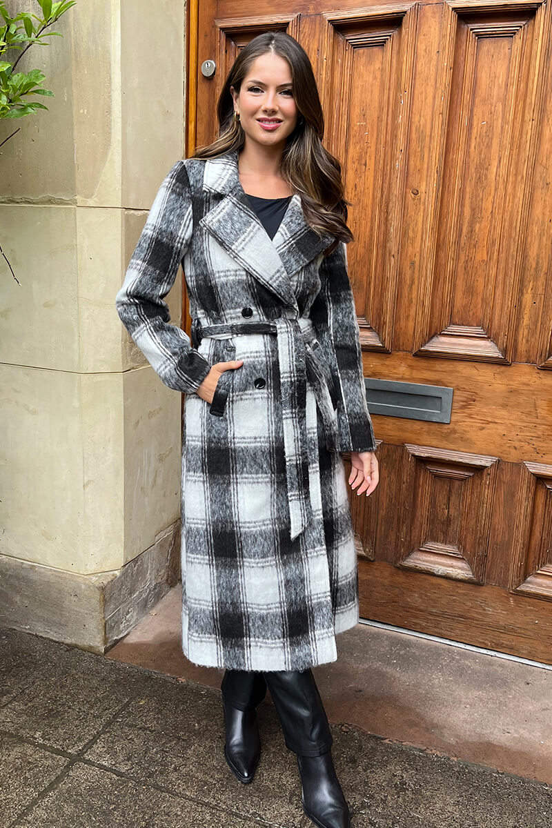 Chocolate Brushed Check Tie Belt Trench Coat - Image 4