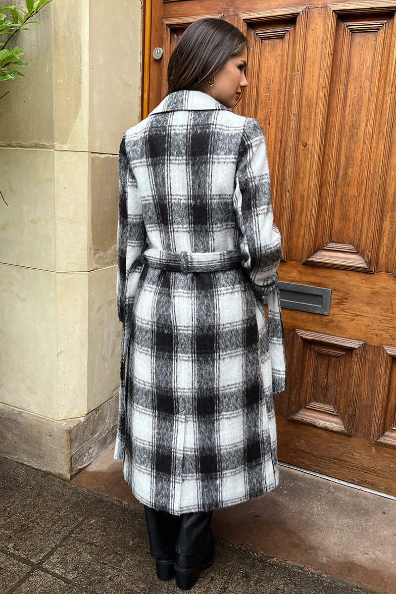 Chocolate Brushed Check Tie Belt Trench Coat - Image 6