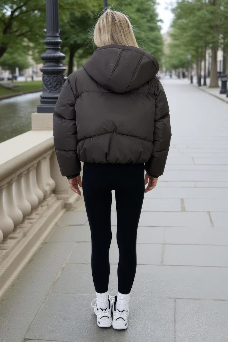 Chocolate Drawstring Hood Short Puffer Coat - Image 5