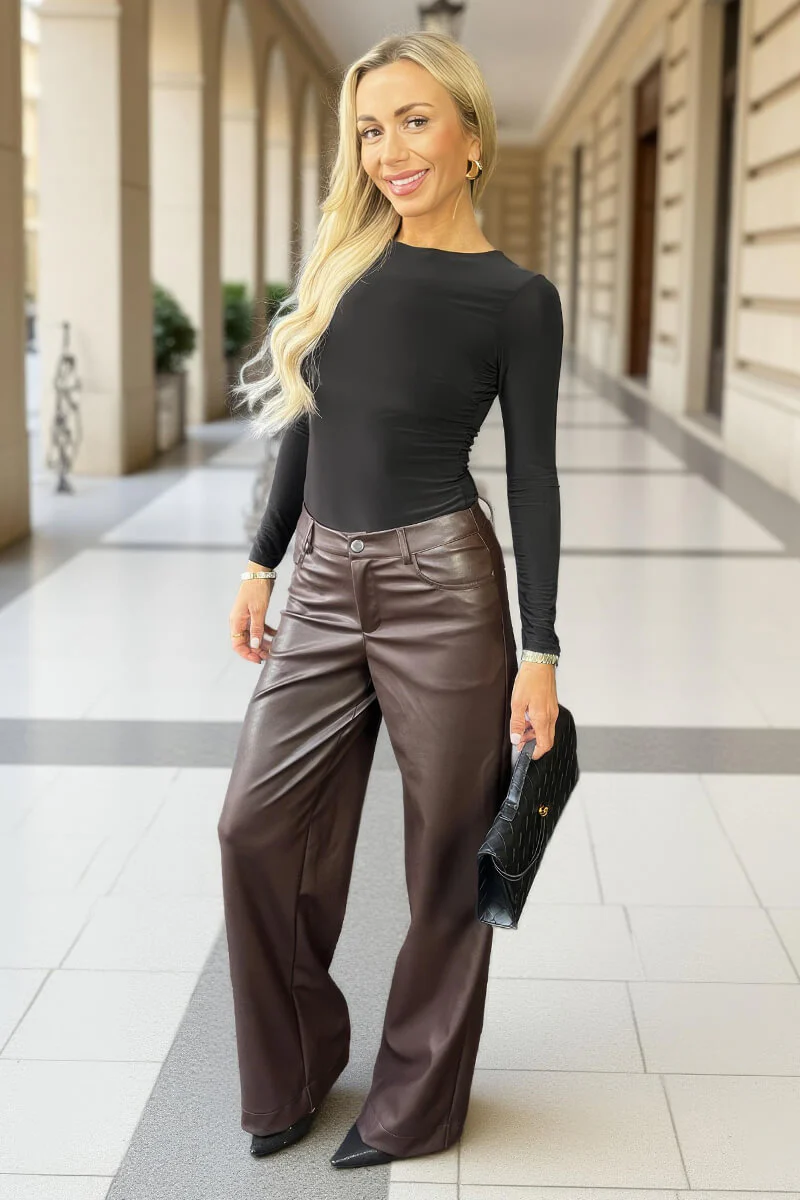 Chocolate Faux Leather Wide Leg Trousers - Image 3