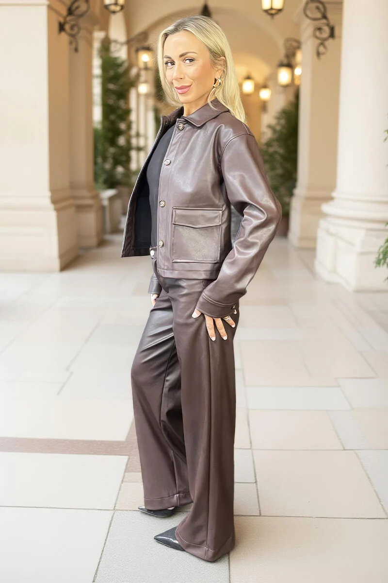Chocolate Faux Leather Wide Leg Trousers - Image 4