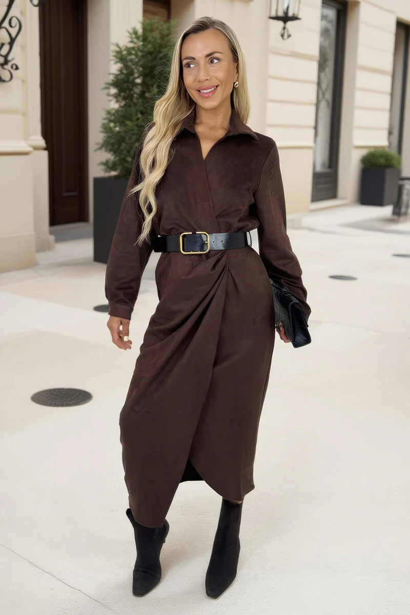 Chocolate Faux Suede Belted Wrap Shirt Midi Dress - Image 3