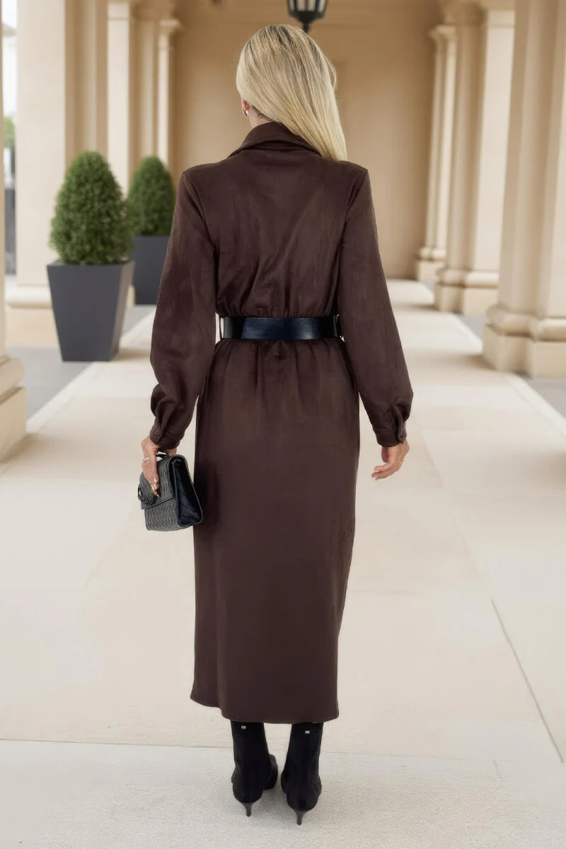 Chocolate Faux Suede Belted Wrap Shirt Midi Dress - Image 5