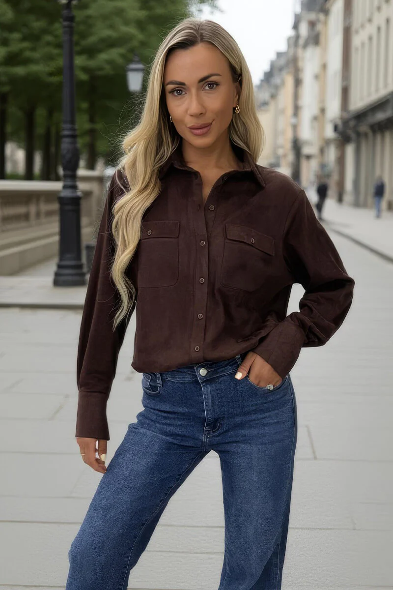 Chocolate Faux Suede Long Sleeve Utility Shirt - Image 3
