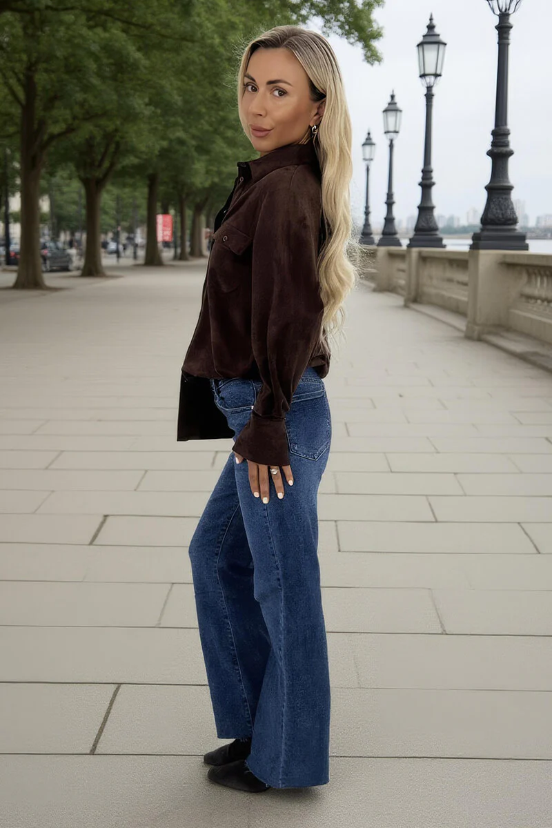 Chocolate Faux Suede Long Sleeve Utility Shirt - Image 4
