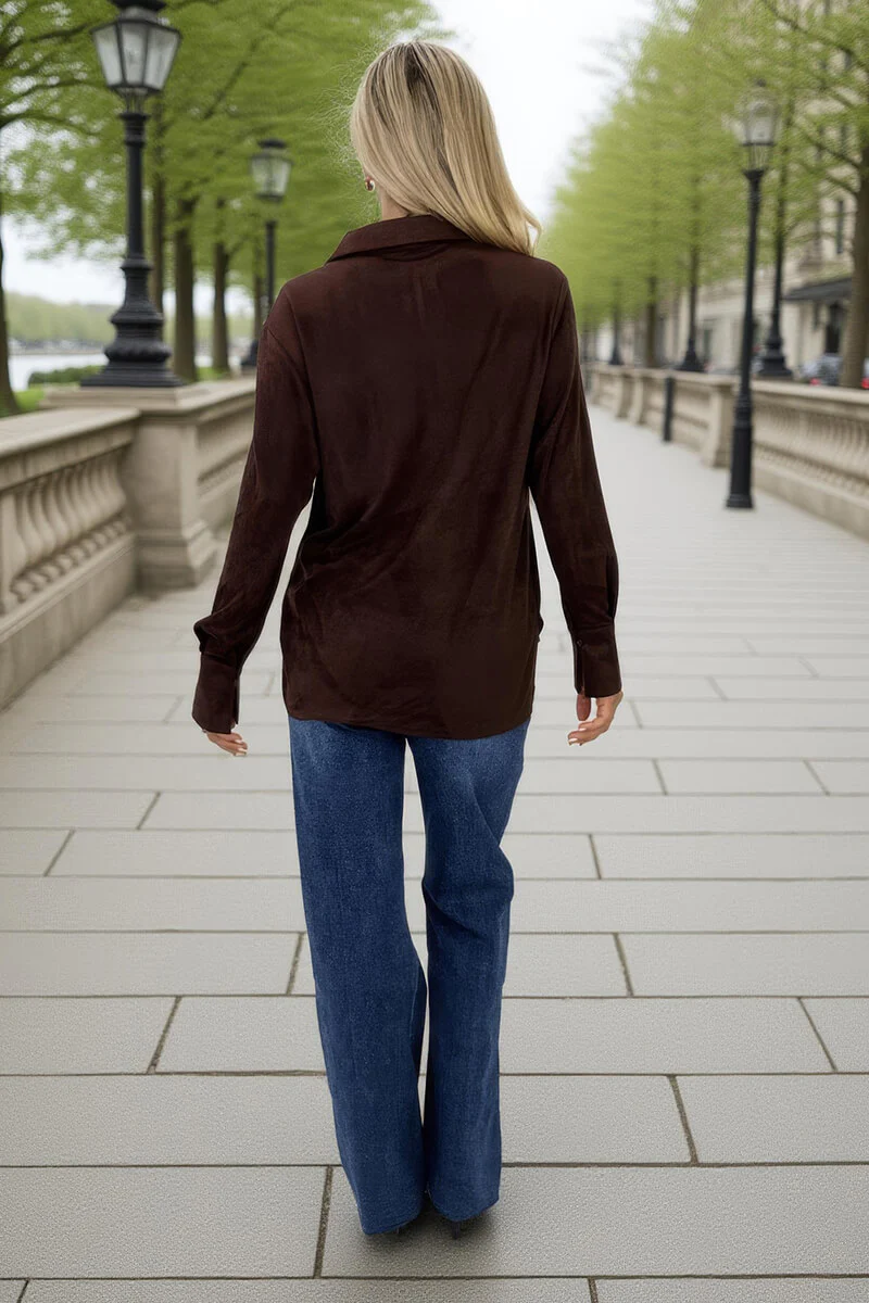 Chocolate Faux Suede Long Sleeve Utility Shirt - Image 5