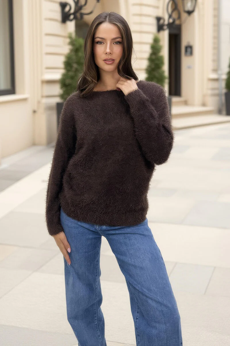 Chocolate Fluffy Knit Twist Detail Jumper - Image 3