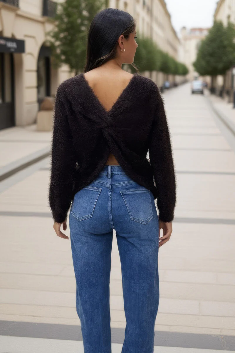 Chocolate Fluffy Knit Twist Detail Jumper - Image 5