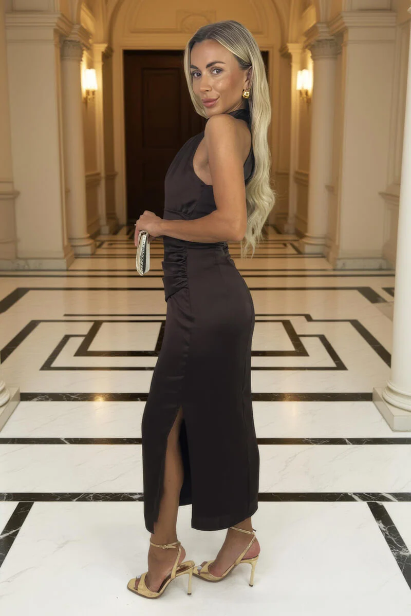 Chocolate Halter Neck Draped Waist Midi Dress - Image 4