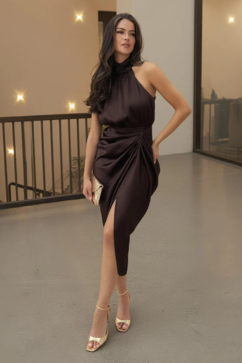 Chocolate Halter Neck Gathered Skirt Midi Dress - Image 3