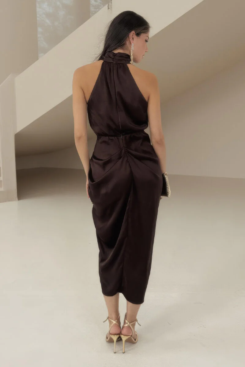 Chocolate Halter Neck Gathered Skirt Midi Dress - Image 5