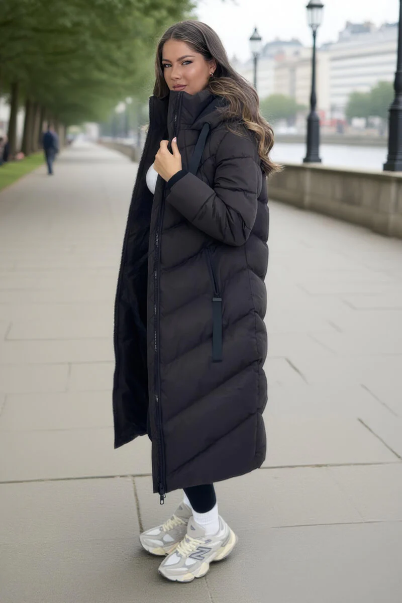 Chocolate Hooded Puffer Coat with Zip Front Pockets - Image 4