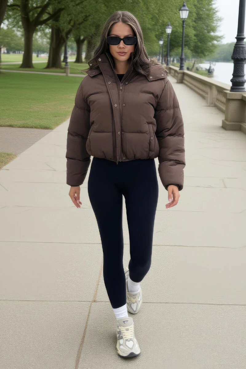 Chocolate Hooded Short Puffer Coat - Image 2