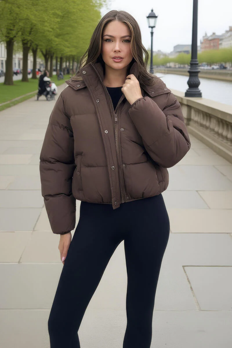 Chocolate Hooded Short Puffer Coat - Image 3