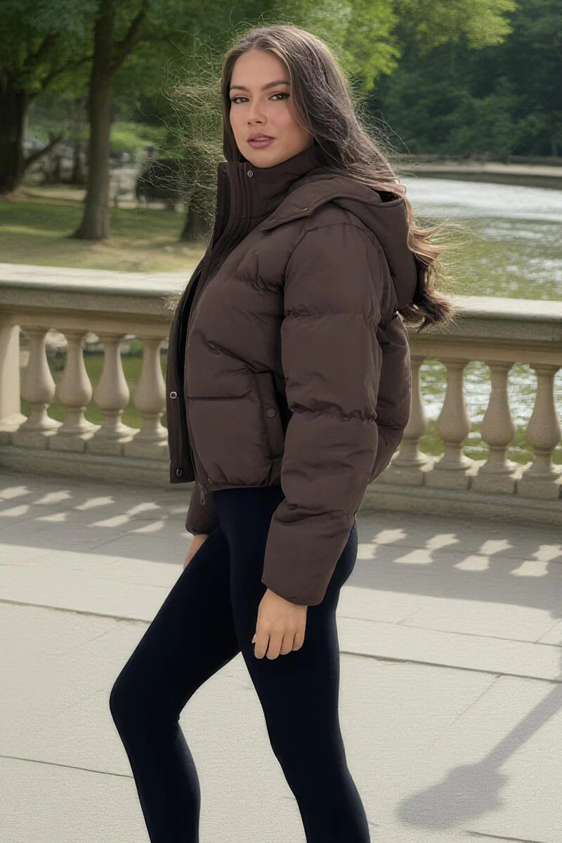 Chocolate Hooded Short Puffer Coat - Image 4