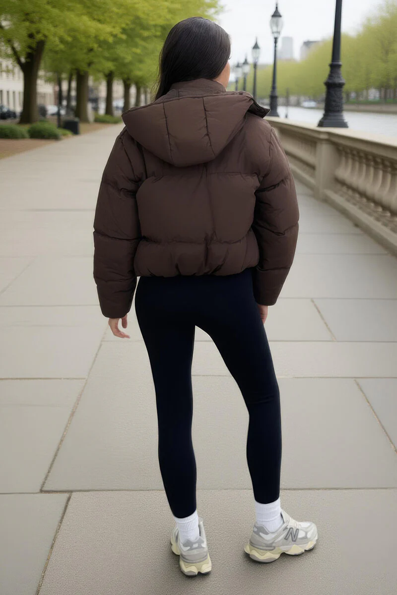 Chocolate Hooded Short Puffer Coat - Image 5