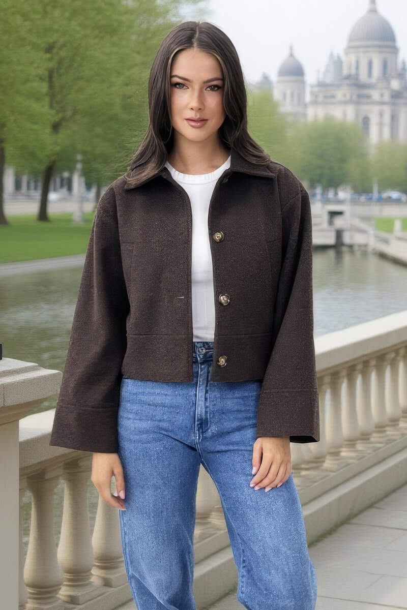 Chocolate Marl Button Front Collared Jacket - Image 3