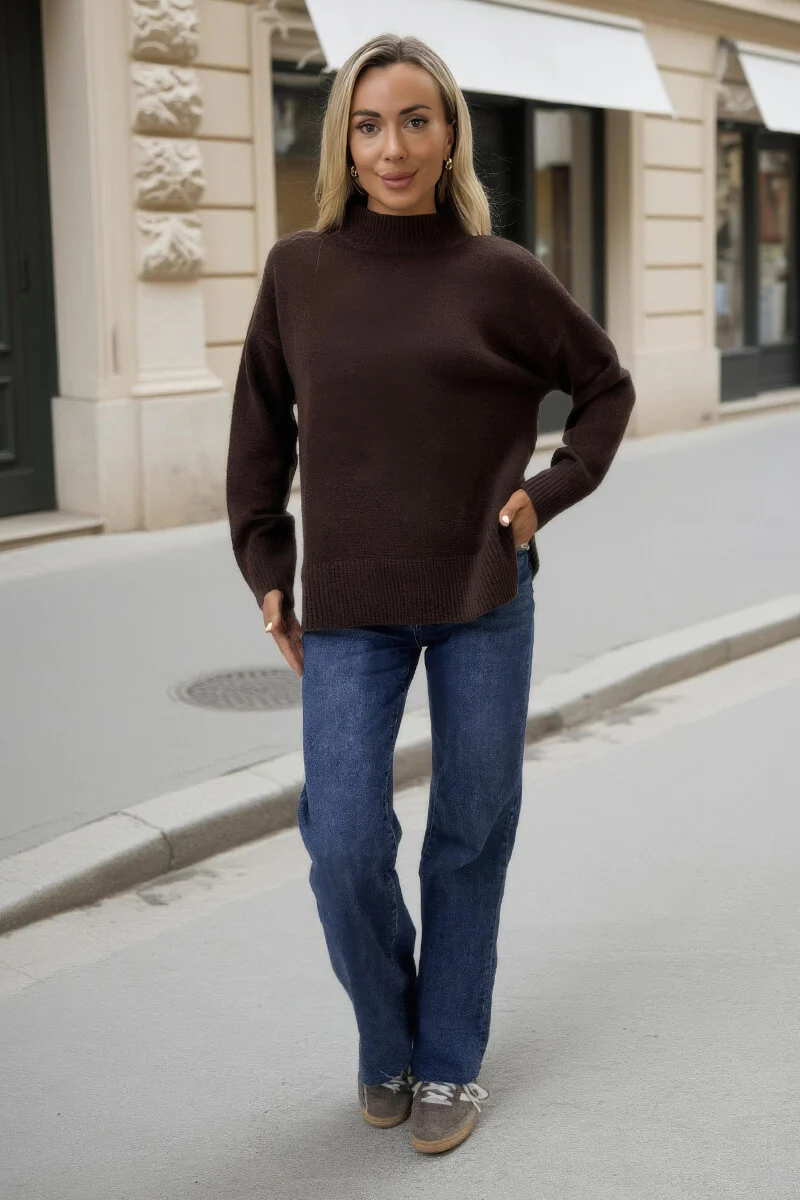 Chocolate Mock Neck Split Hem Jumper - Image 2