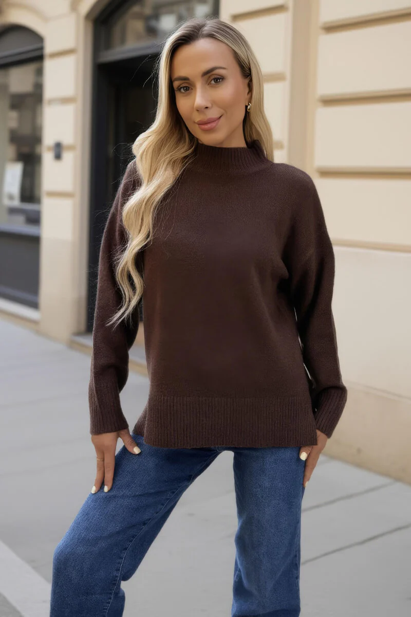 Chocolate Mock Neck Split Hem Jumper - Image 3