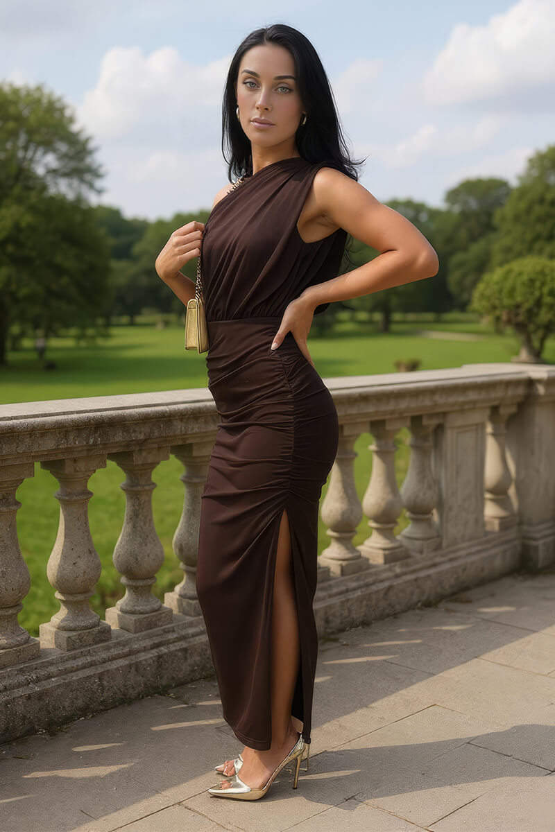 Chocolate Off The Shoulder Draped Top Midi Dress - Image 4