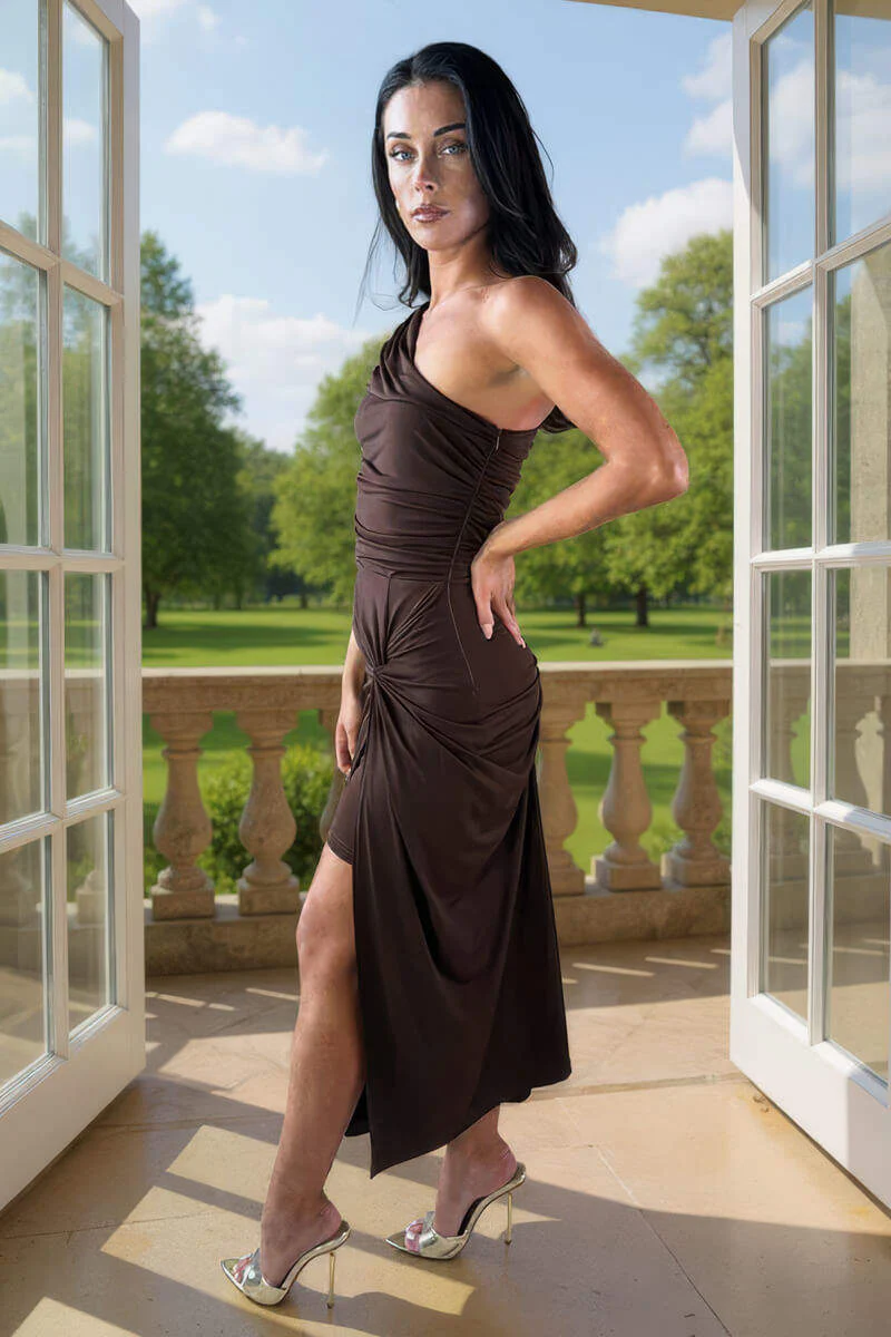 Chocolate One Shoulder Knot Skirt Midi Dress - Image 4