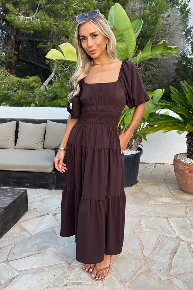 Chocolate Puff Sleeve Shirred Waist Smock Midi Dress - Image 2
