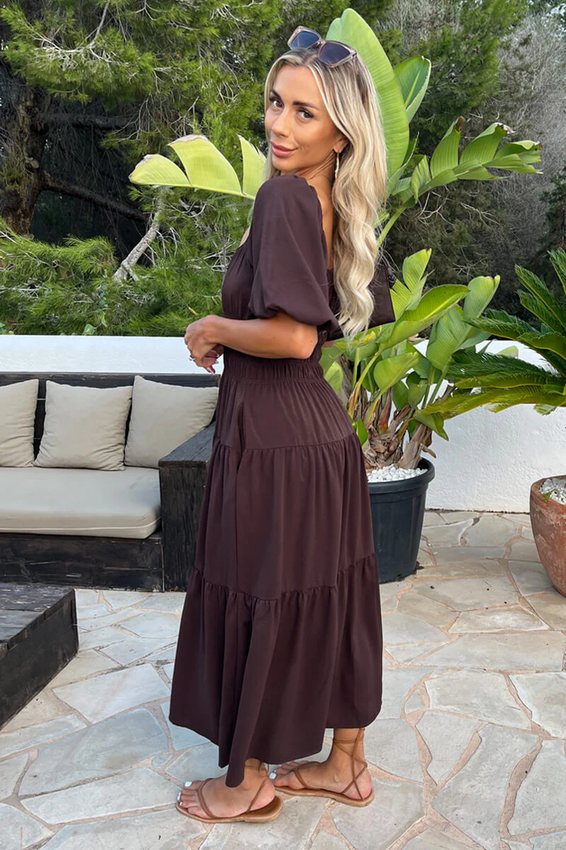 Chocolate Puff Sleeve Shirred Waist Smock Midi Dress - Image 4