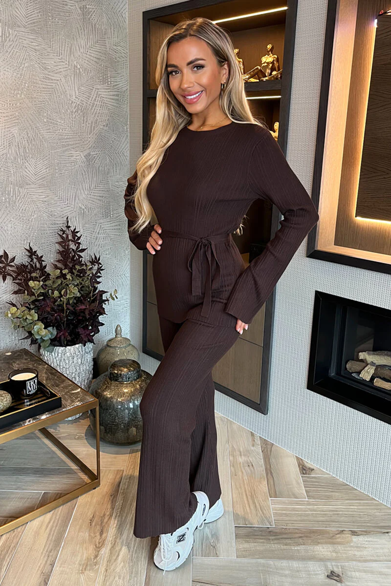 Chocolate Ribbed Tie Waist Flared Leg Co-ord - Image 3