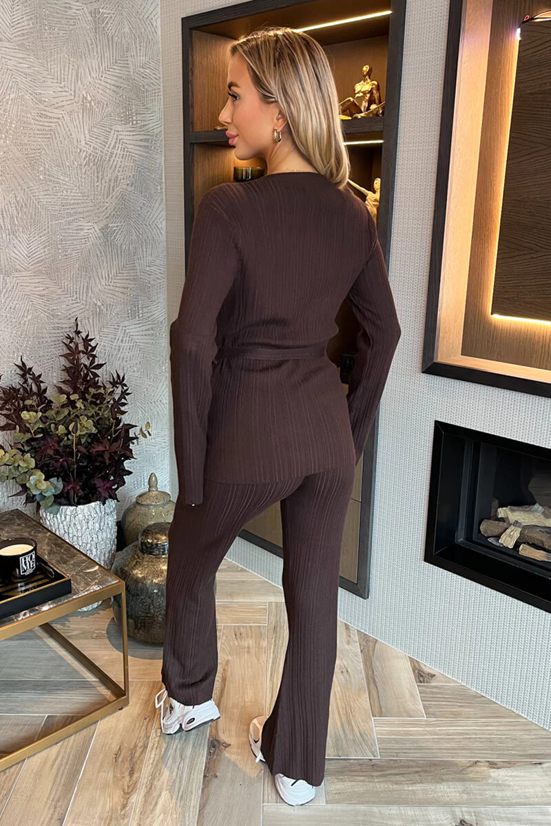 Chocolate Ribbed Tie Waist Flared Leg Co-ord - Image 5