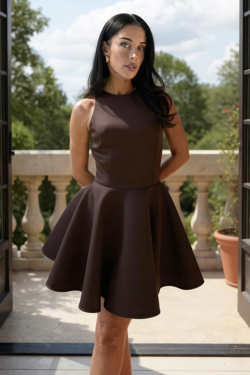 Chocolate Scuba Sleeveless Skater Mini Dress - Image 3