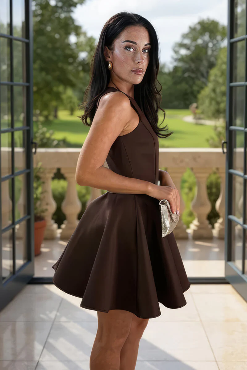 Chocolate Scuba Sleeveless Skater Mini Dress - Image 4